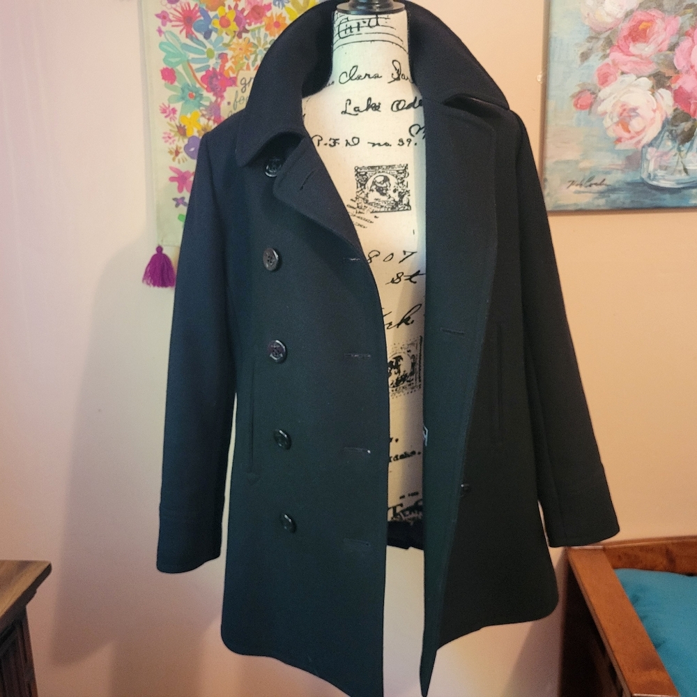 Trina Turk MSRP $589 Lambswool Blend Double- Breasted Black Pea Coat, 10, EUC - Picture 4 of 16